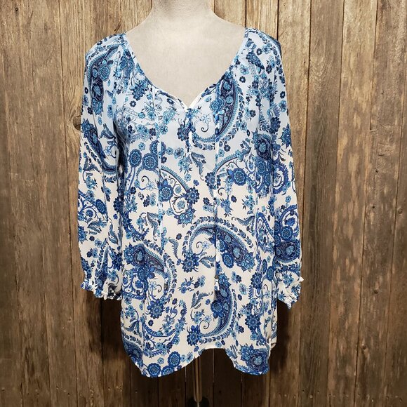 Charming Charlie M Women's Top Blouse Blue Ombre White Paisley Tie Neck Sheer - Picture 1 of 6